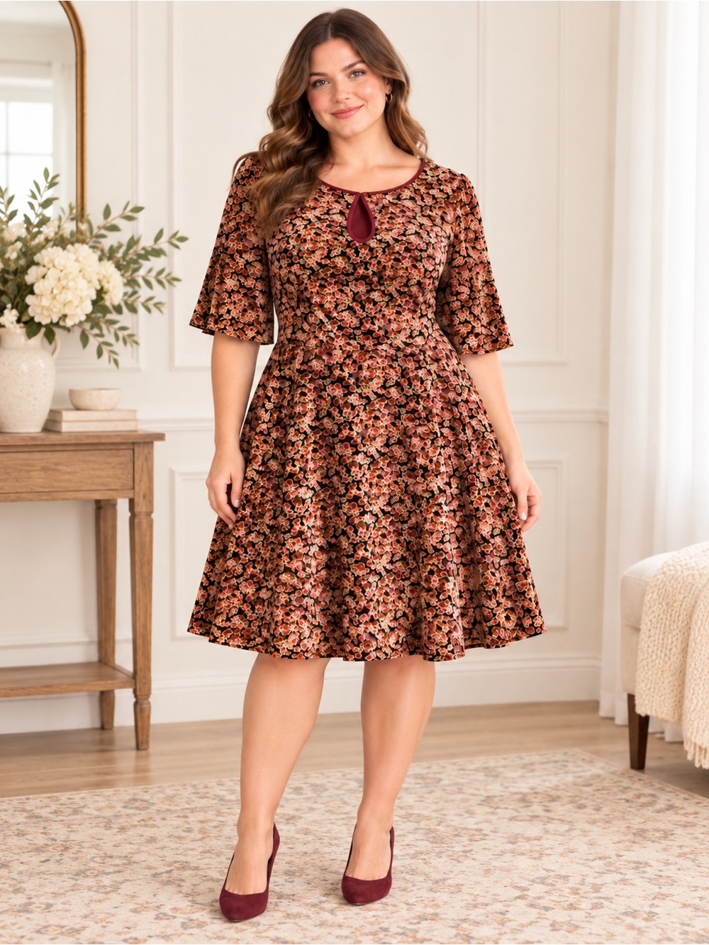 ModCloth Velvet Burnout Floral Fit & Flare Dress Keyhole XL
